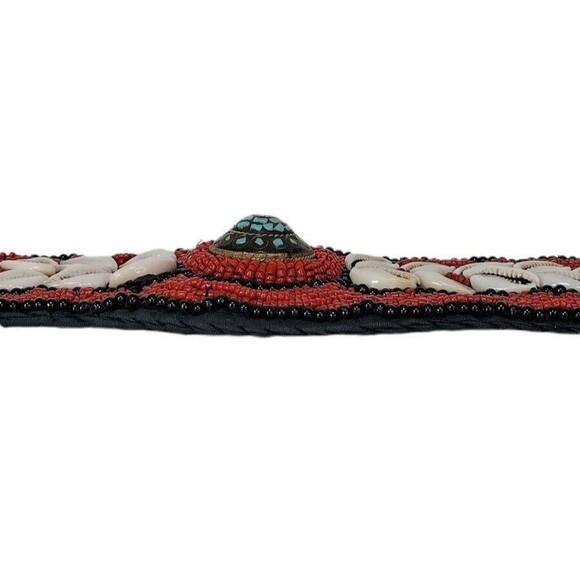 Vintage Ladakh Statement Belt Red Coral Seed Bead Turquoise Brass Cowry Shell - Picture 12 of 12